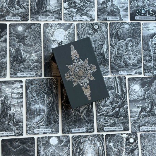 Caminante Tarot Deck with Hardback Guide Book | Silver Foil | Blackcore Cardstock | Black Matte Edges